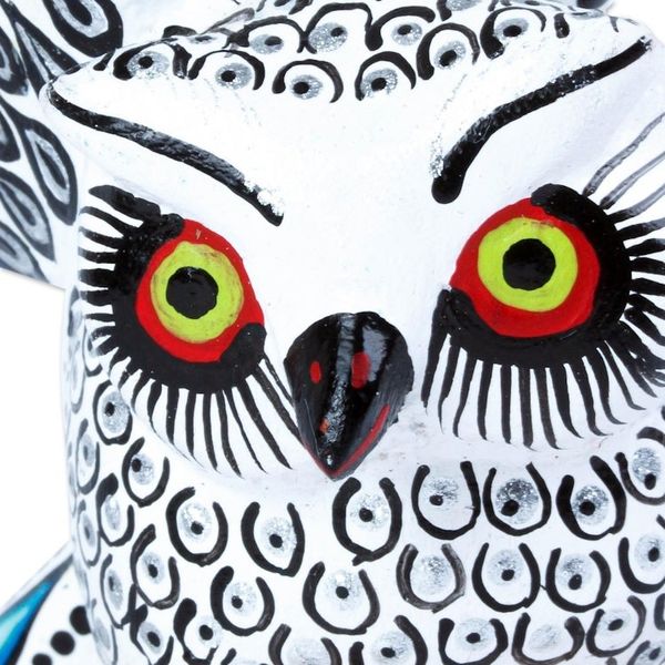 Alternate image for Blue Tipped White and Black Owl Alebrije Figure from Oaxaca Frosty Owl