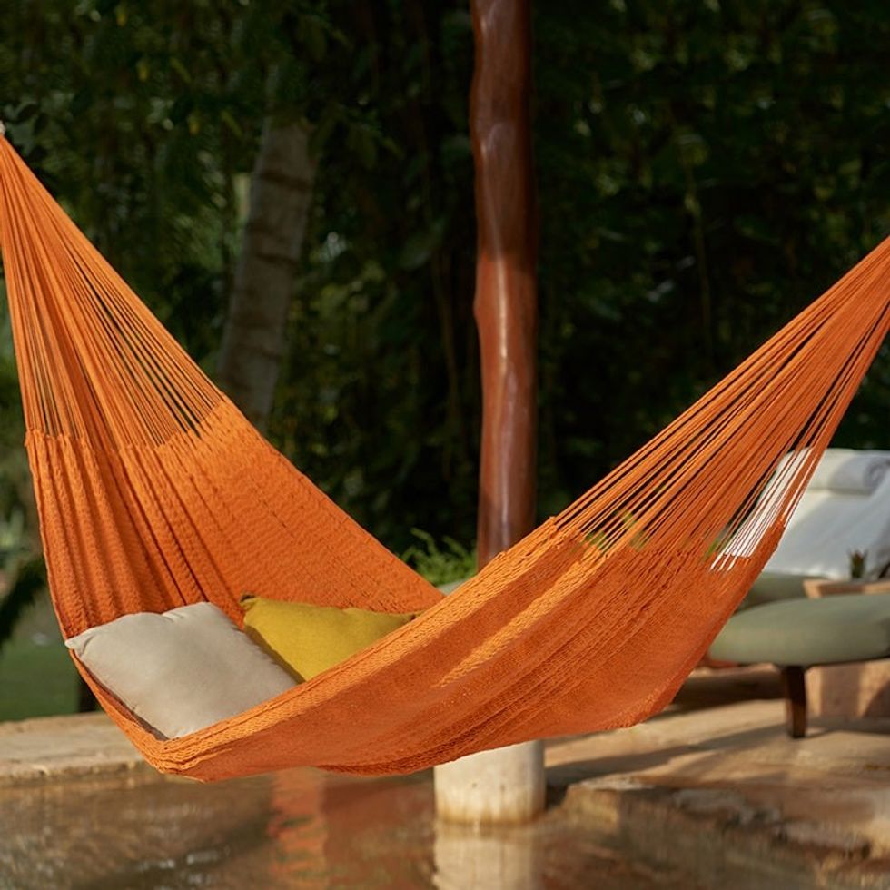 Flame Orange Cotton Rope Hammock Triple from Mexico 'Sunset Siesta'