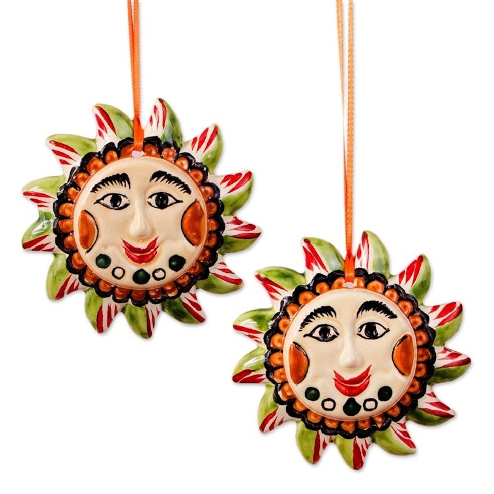 Maiolica Ceramic Sun Ornaments from Mexico Pair 'Cheery Suns'