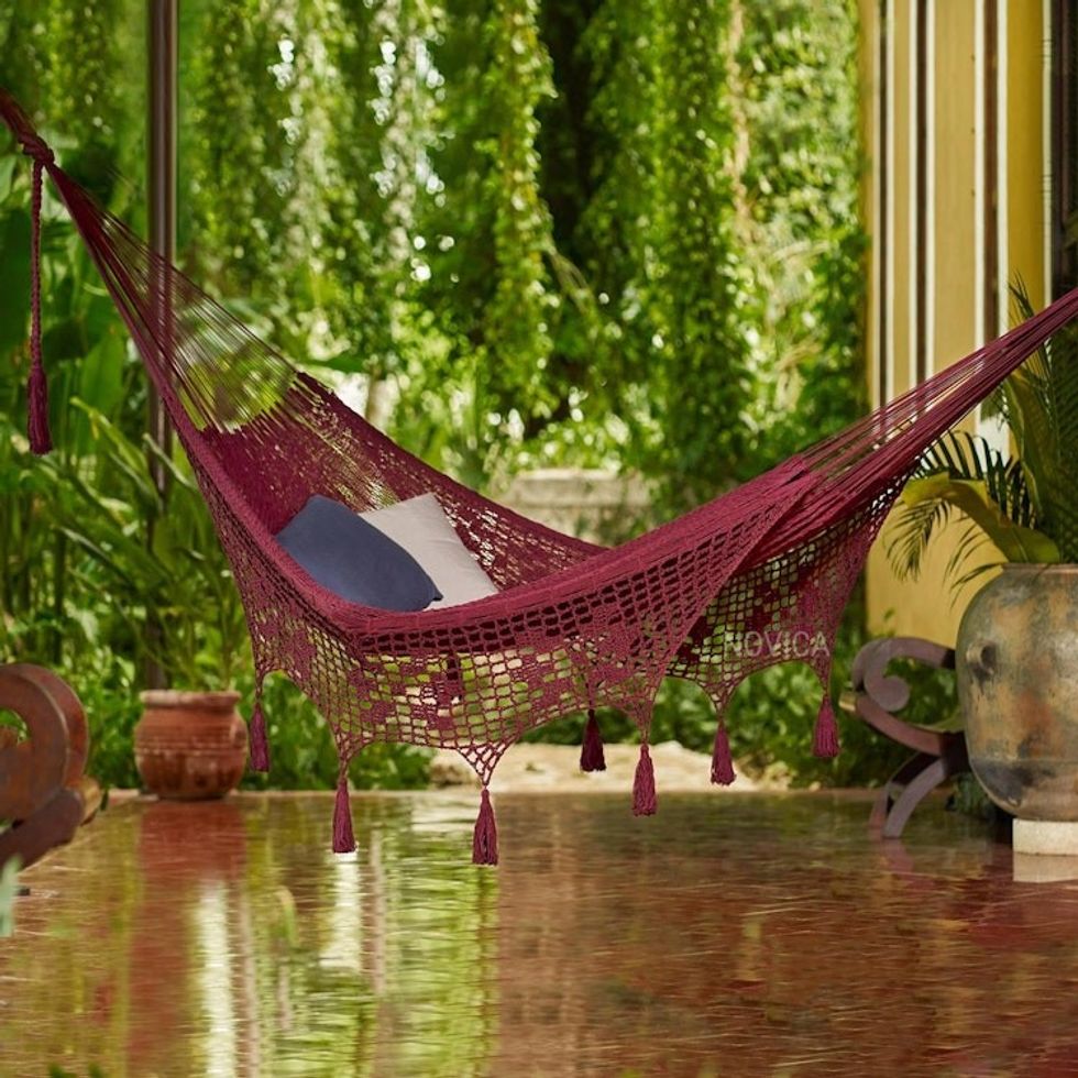 Burgundy Tasseled Cotton Hammock Double From Mexico 'Veranda Dreams in Bordeaux'