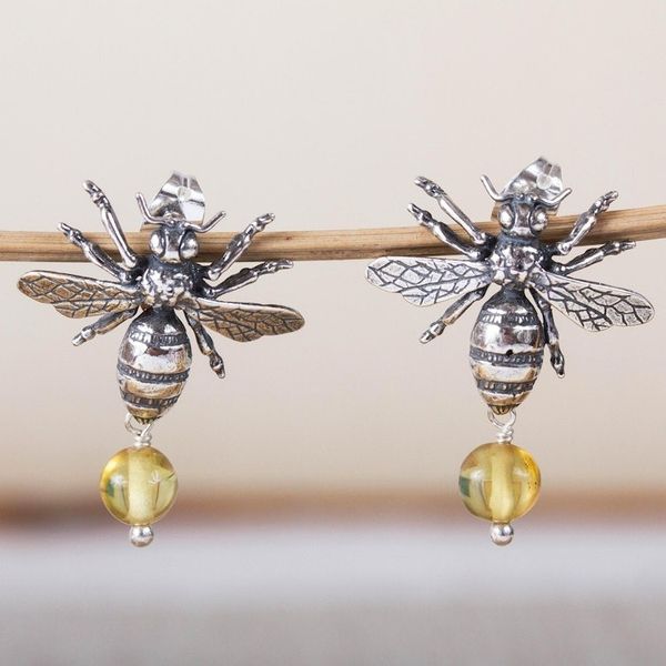 Alternate image for Bee-Themed Amber Dangle Earrings from Mexico Worker Bees