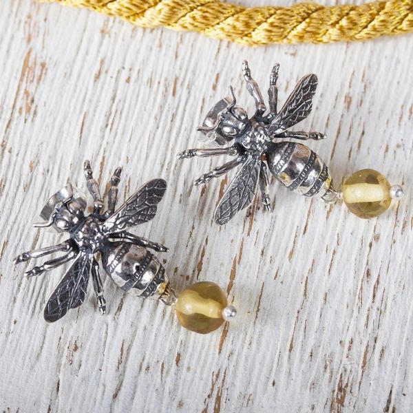 Alternate image for Bee-Themed Amber Dangle Earrings from Mexico Worker Bees