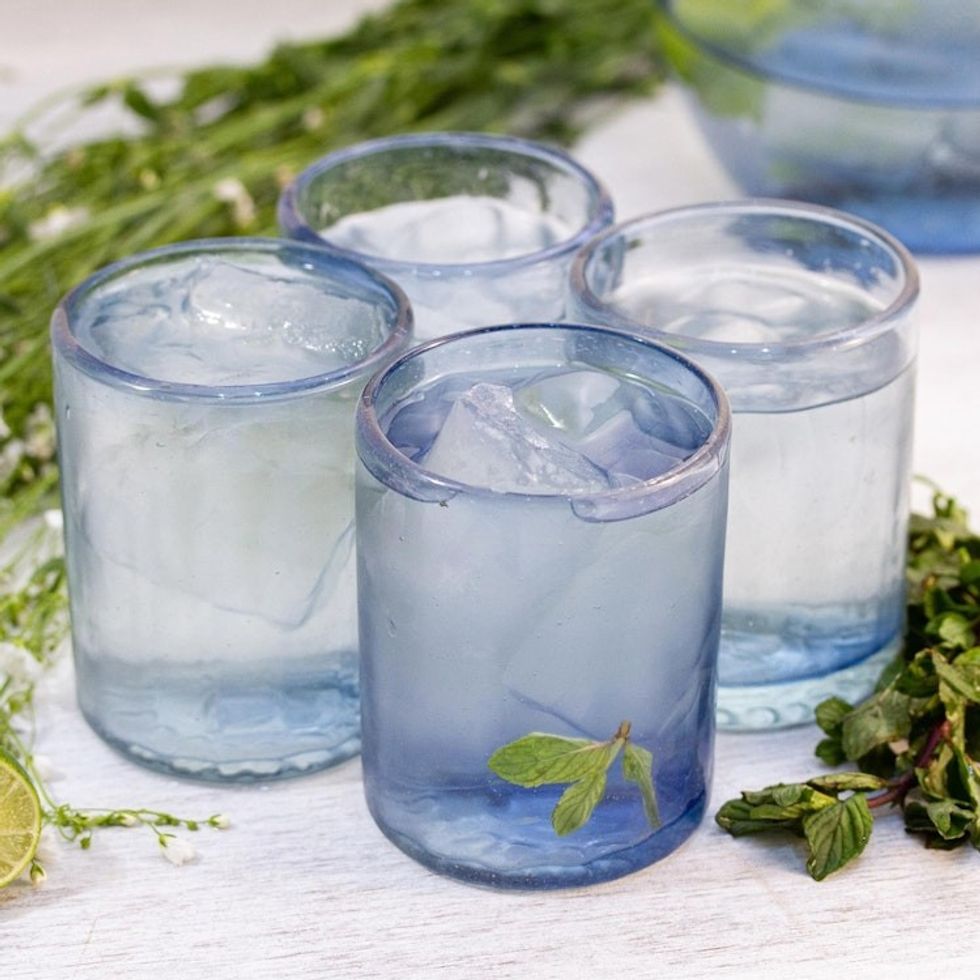 Recycled Hand Blown Juice Glasses in Blue Set of 6 'Fiesta Azul'