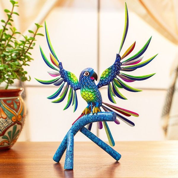 Alternate image for Handmade Blue Parrot Alebrije Sculpture from Mexico Perky Blue Parrot
