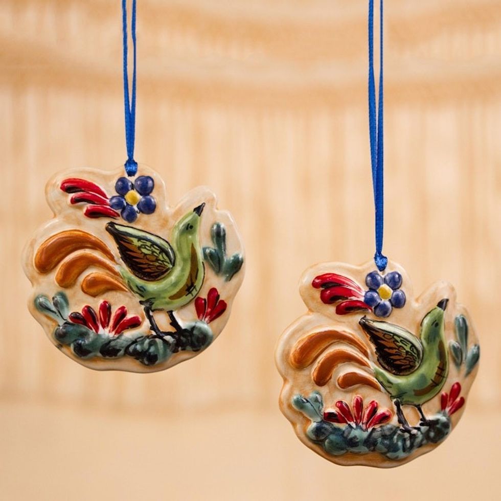 Hand-Painted Ceramic Green Bird Ornaments from Mexico 'Little Green Bird'