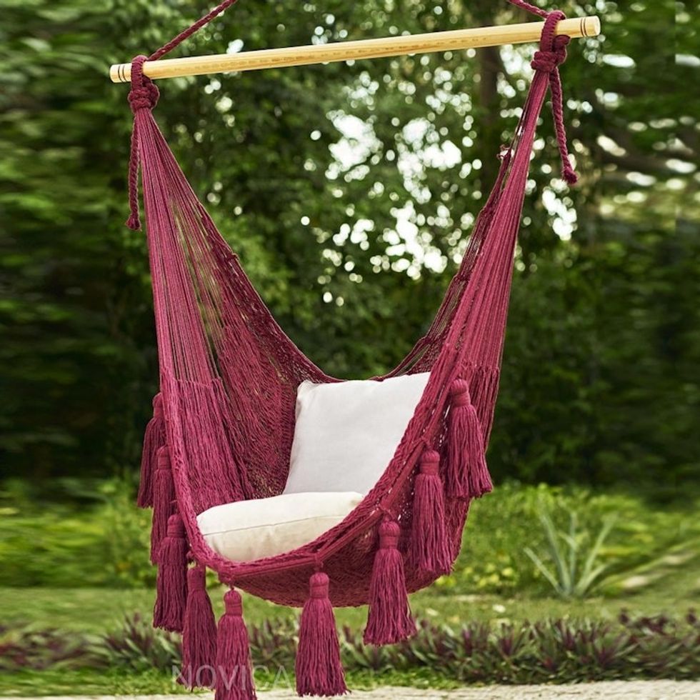Tasseled Cotton Rope Mayan Hammock Swing in Wine from Mexico 'Ocean Seat in Bordeaux'