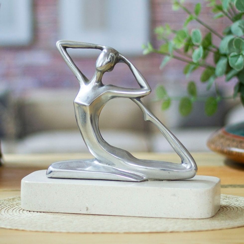 Aluminum Ballerina Dancer Sculpture on Marble Base 'Ballerina Grace in Beige'