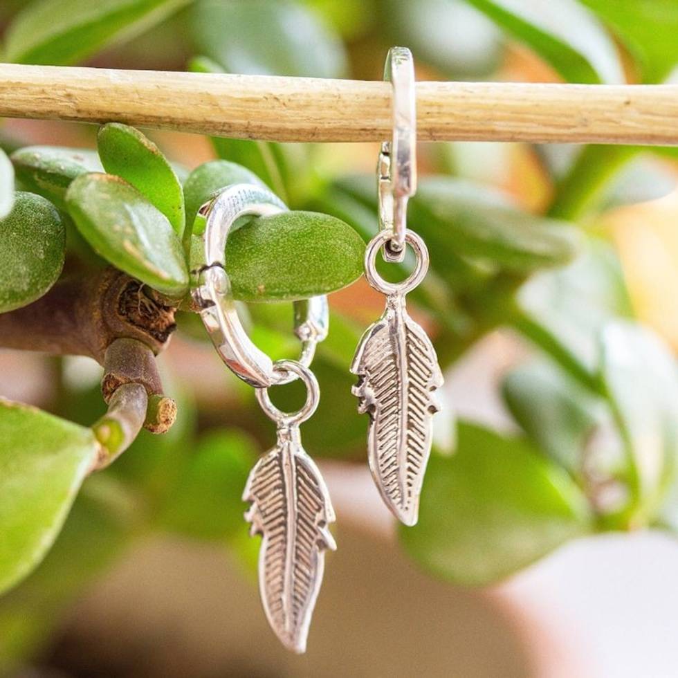 Taxco Sterling Silver Banana Leaves Silver Hoop Earrings 'Tropical Foliage'
