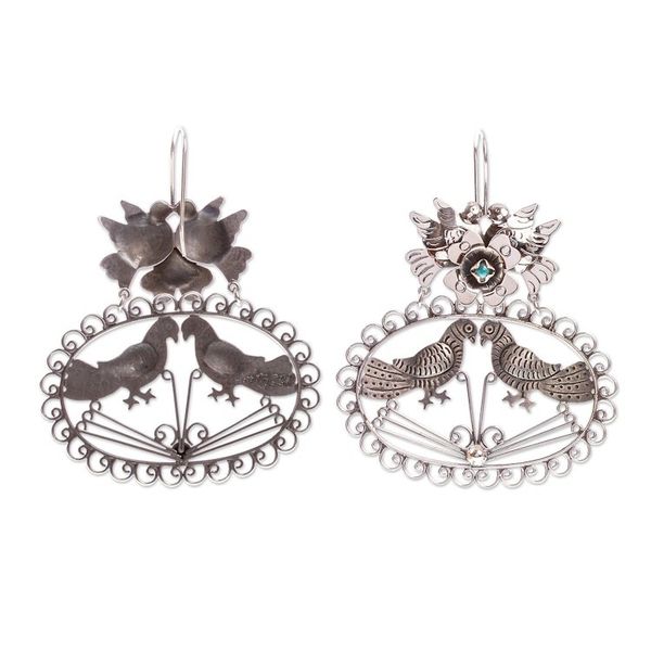 Alternate image for Mexico Antique Style Sterling Silver and Turquoise Earrings Love Doves