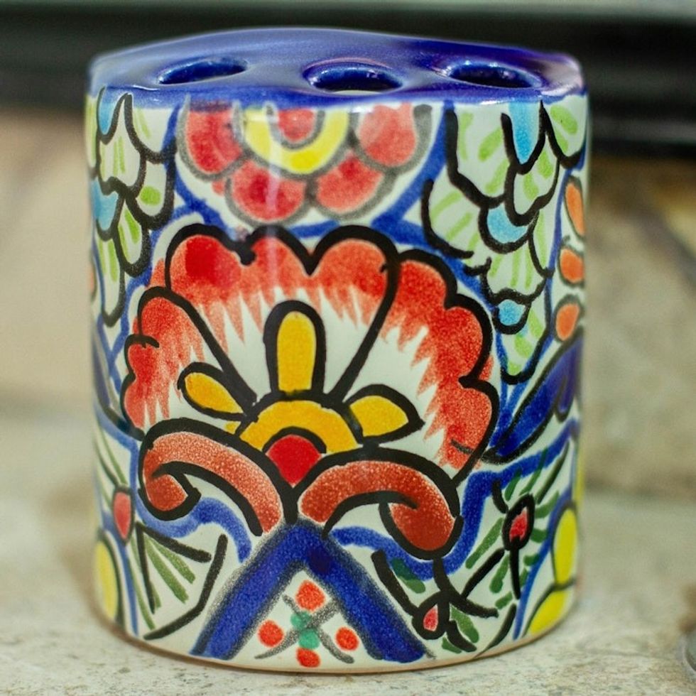 Artisan Crafted Multicolored Ceramic Toothbrush Holder 'Talavera Flowers'