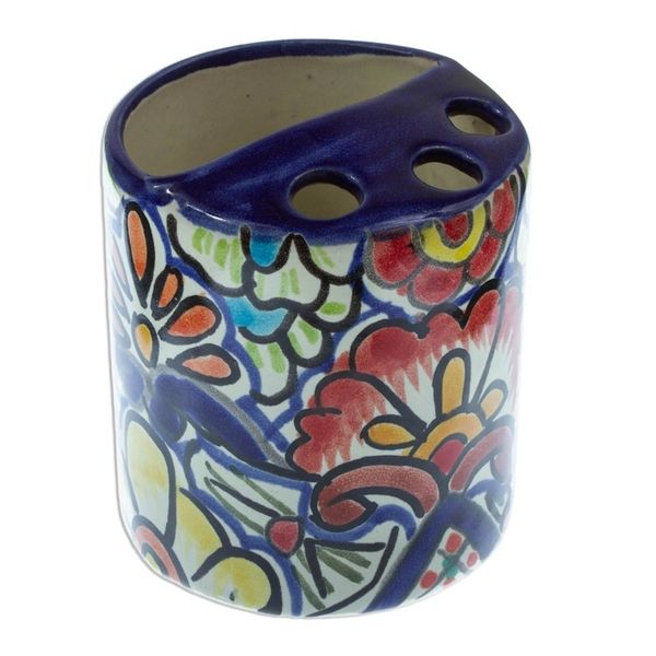 Alternate image for Artisan Crafted Multicolored Ceramic Toothbrush Holder Talavera Flowers