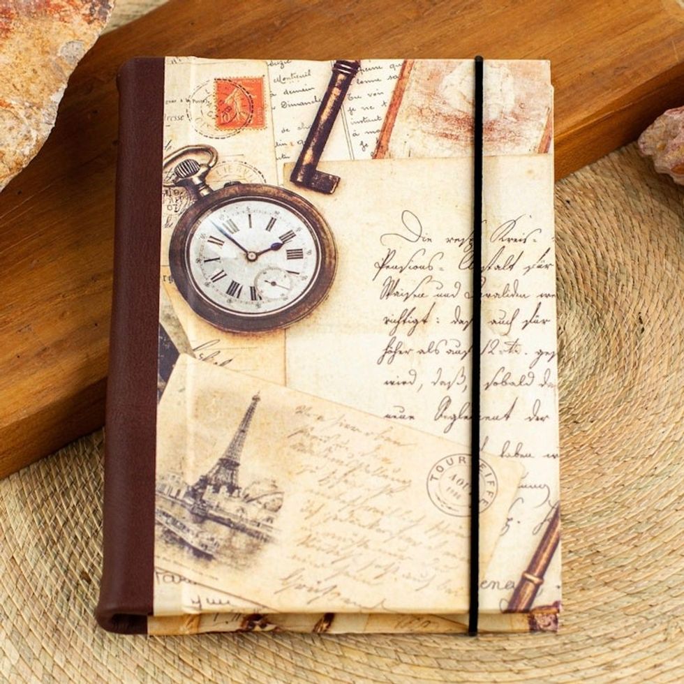 Recycled Paper Handmade Journal with Travel Motifs 'Time Flies'