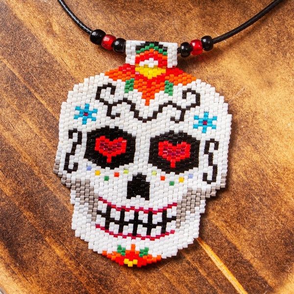 Alternate image for Beadwork Day of the Dead White Skull Huichol Necklace White Skeleton