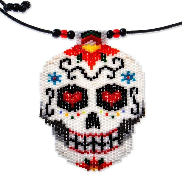 Alternate image for Beadwork Day of the Dead White Skull Huichol Necklace White Skeleton
