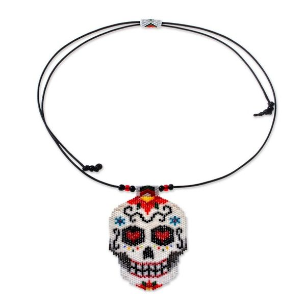 Alternate image for Beadwork Day of the Dead White Skull Huichol Necklace White Skeleton