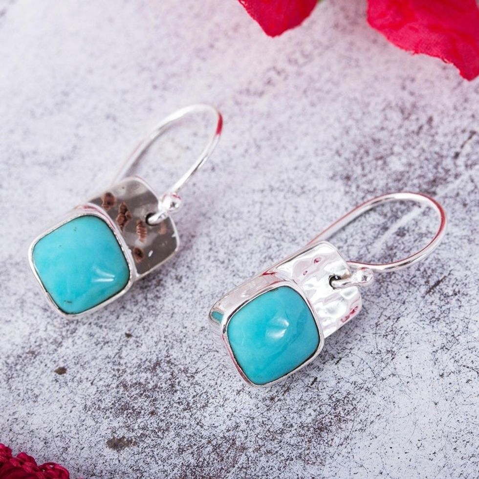 Square Natural Turquoise Dangle Earrings from Mexico 'Watery Gleam'