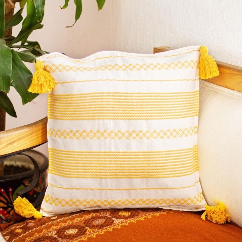 White and Yellow Hand Loomed Cushion Cover 'Millenary Marigold'