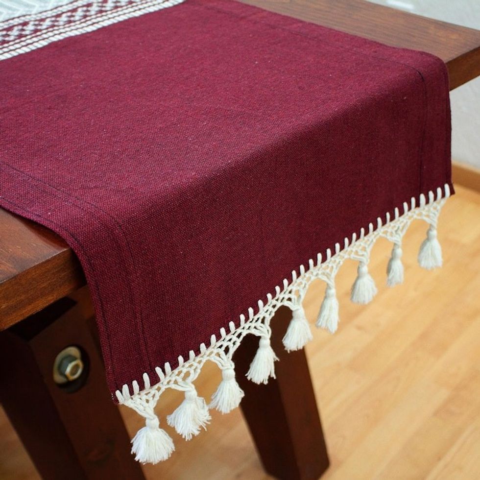 Zapotec Handwoven Burgundy and Ivory Cotton Table Runner 'Burgundy Zapotec Tradition'