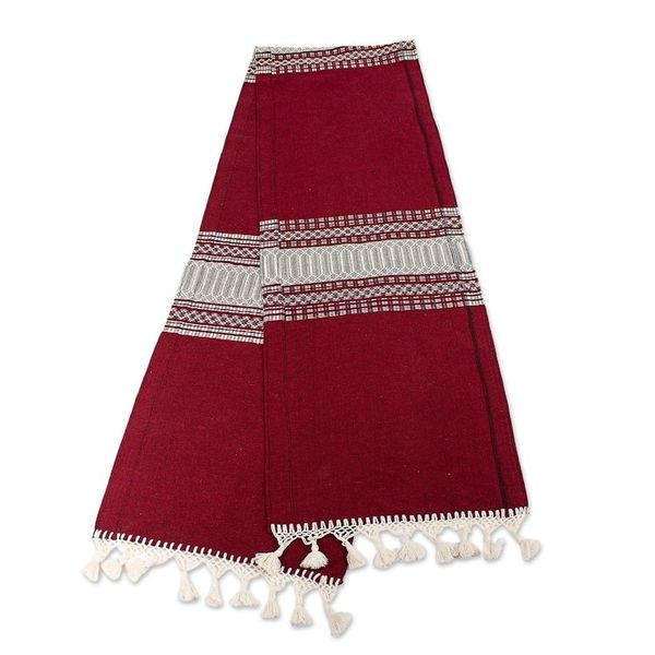 Alternate image for Zapotec Handwoven Burgundy and Ivory Cotton Table Runner Burgundy Zapotec Tradition