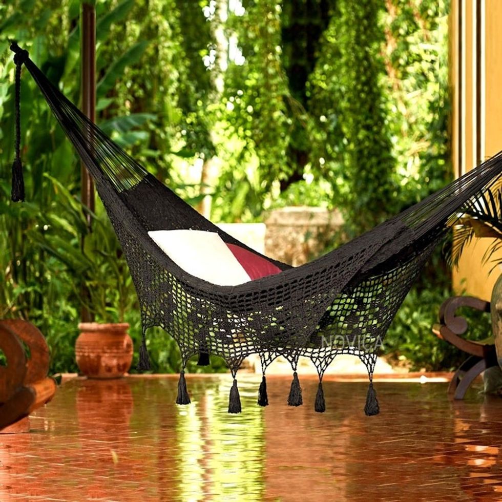 Black Hammock with Macrame Panels Double 'Mirage in Black'