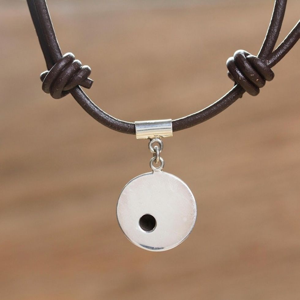 950 Silver Pendant on Leather Adjustable Cord from Mexico 'Cosmos'