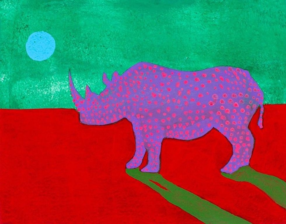 Oil and Acrylic on Wood with Rhinoceros Under the Moon 'Blue Moon'