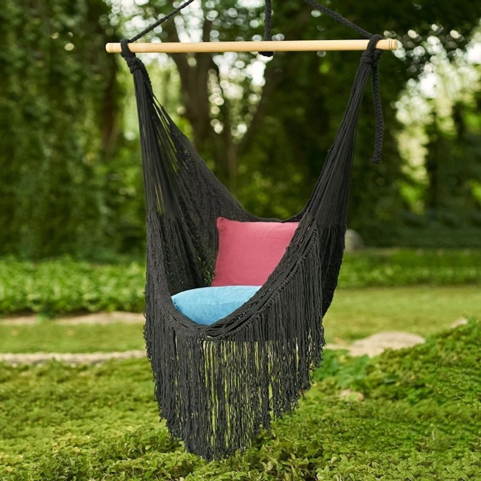 Black Fringed Cotton Rope Mayan Hammock Swing from Mexico 'Sea Breezes in Black'