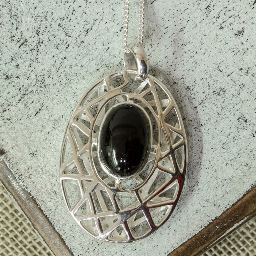Modernist Silver and Obsidian Pendant Necklace from Mexico 'Lunar Obsidian'