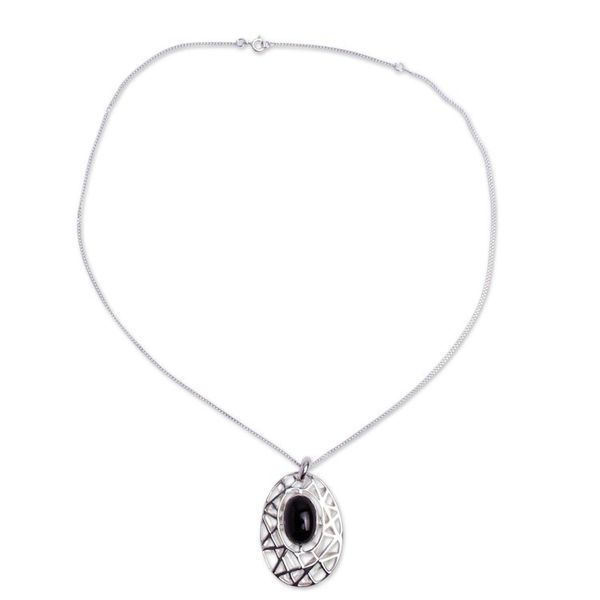 Alternate image for Modernist Silver and Obsidian Pendant Necklace from Mexico Lunar Obsidian