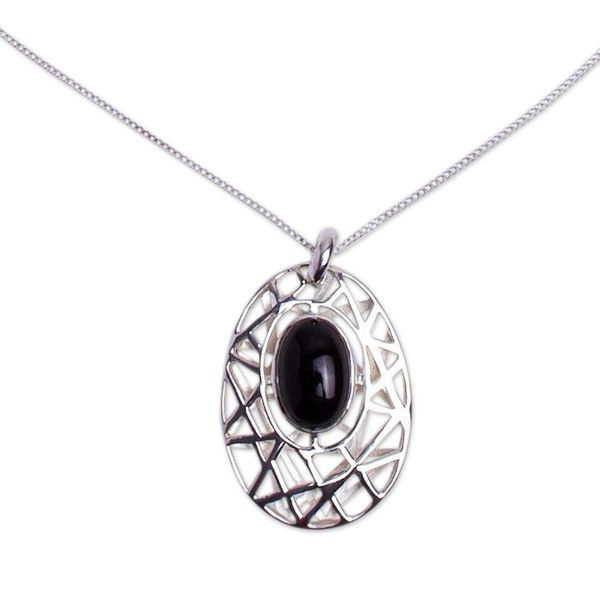 Alternate image for Modernist Silver and Obsidian Pendant Necklace from Mexico Lunar Obsidian