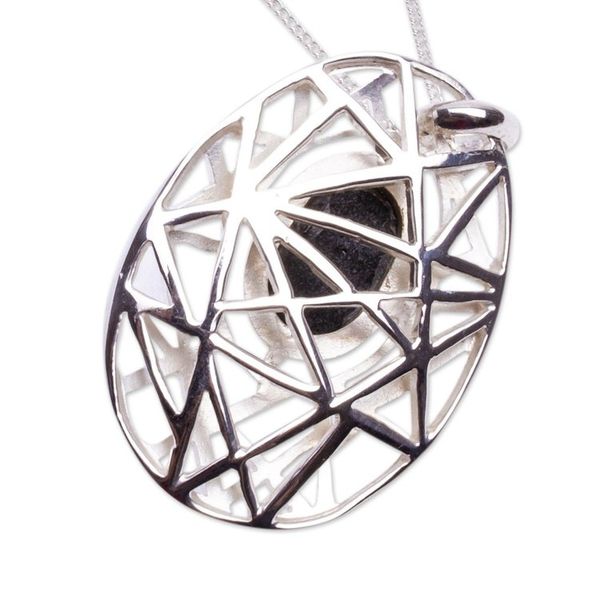 Alternate image for Modernist Silver and Obsidian Pendant Necklace from Mexico Lunar Obsidian