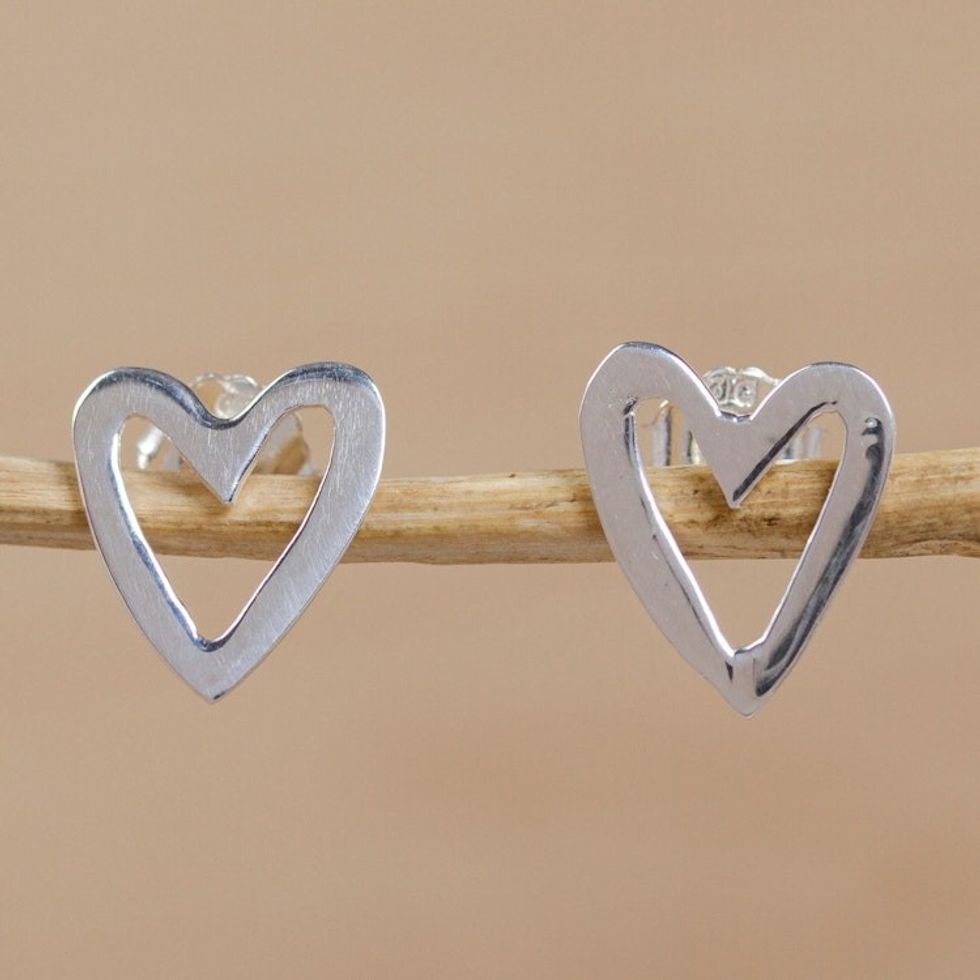 Artisan Crafted Sterling Stud Earrings 'Solitary Heart'