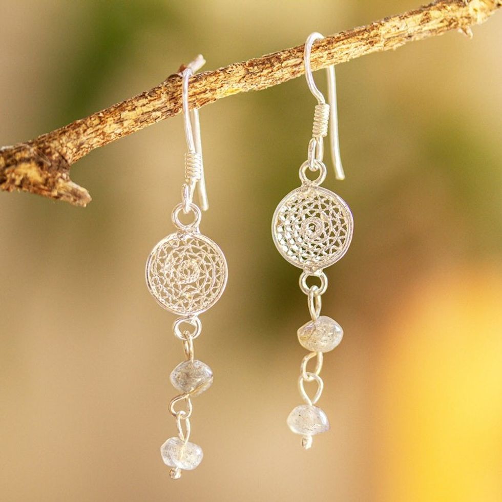 Sterling Silver Filigree and Labradorite Dangle Earrings 'Solar Circle'