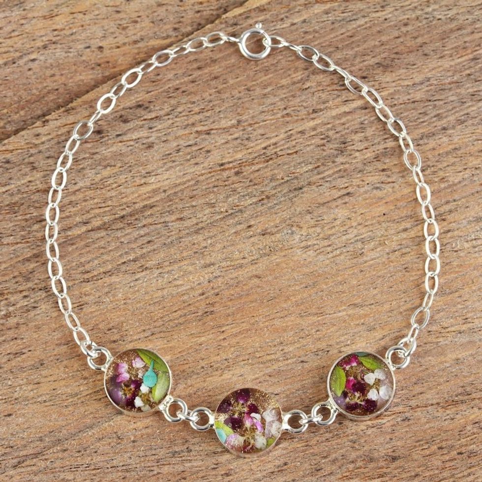 Purple Flowers in Resin Pendants on a Sterling Silver Chain 'Three Violets'