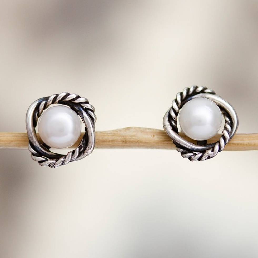 Taxco Silver Stud Earrings with Cultured Pearls 'Tangled Rope'