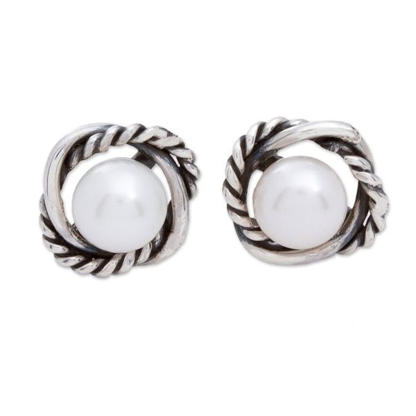 Alternate image for Taxco Silver Stud Earrings with Cultured Pearls Tangled Rope