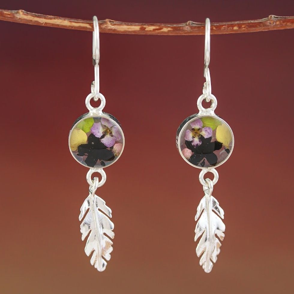 Sterling Silver and Dried Flower Dangle Earrings from Mexico 'Anahuac Black'