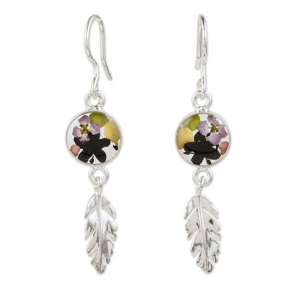 Alternate image for Sterling Silver and Dried Flower Dangle Earrings from Mexico Anahuac Black