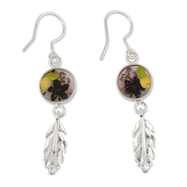 Alternate image for Sterling Silver and Dried Flower Dangle Earrings from Mexico Anahuac Black