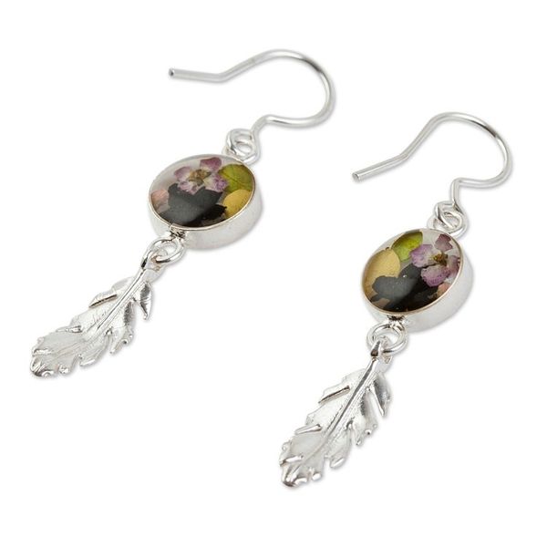 Alternate image for Sterling Silver and Dried Flower Dangle Earrings from Mexico Anahuac Black