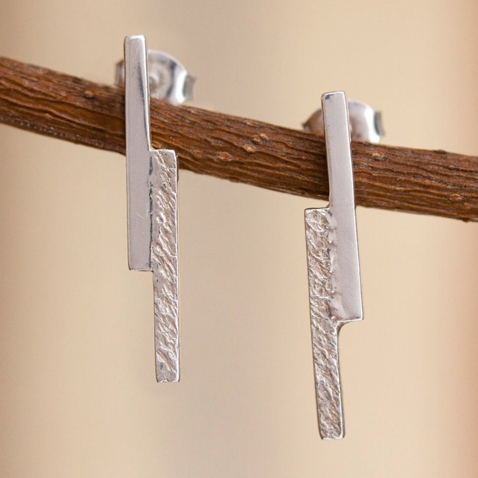 Handcrafted Taxco Silver Drop Earrings 'Parallel Lines'