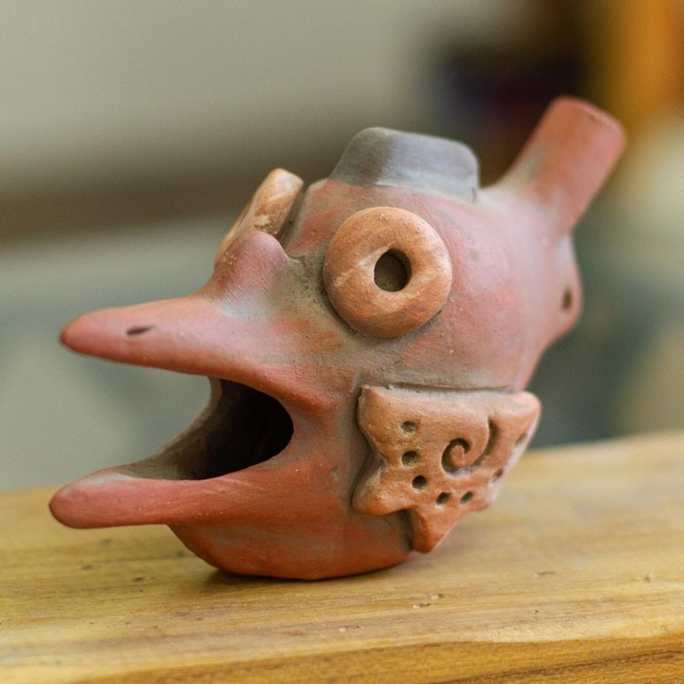 Pre-Hispanic Ehecatl Wind God Ceramic Ocarina Flute 'God of the Wind'