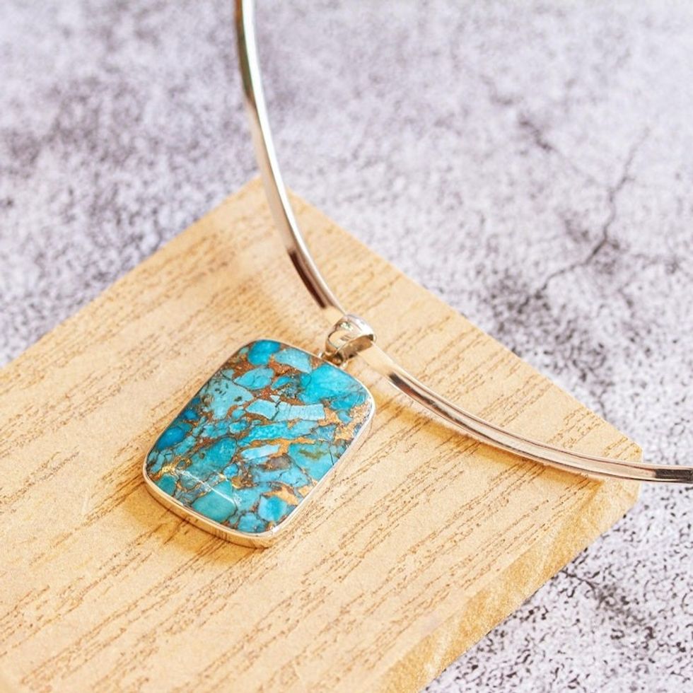 Silver Choker Collar Necklace with Composite Turquoise 'Serene Caribbean'