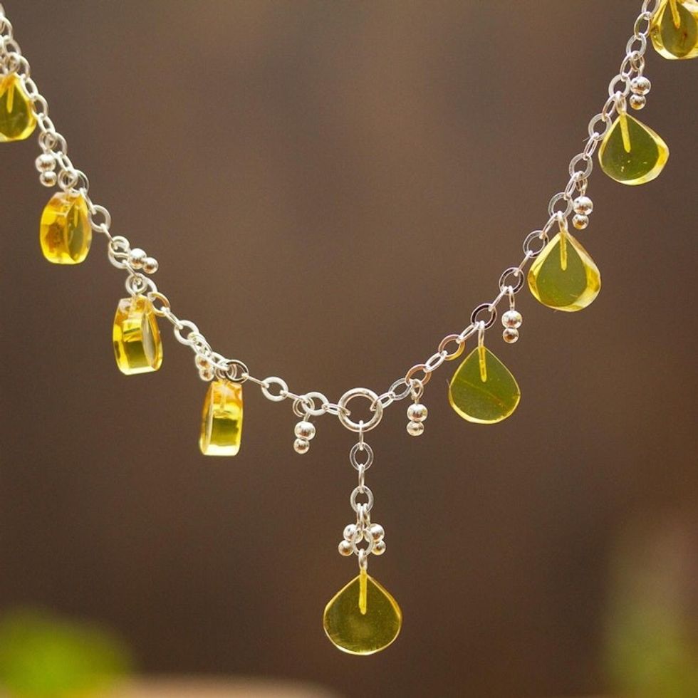 Sterling Silver Chain Necklace with Multiple Amber Pendants 'Simojovel Beauty'