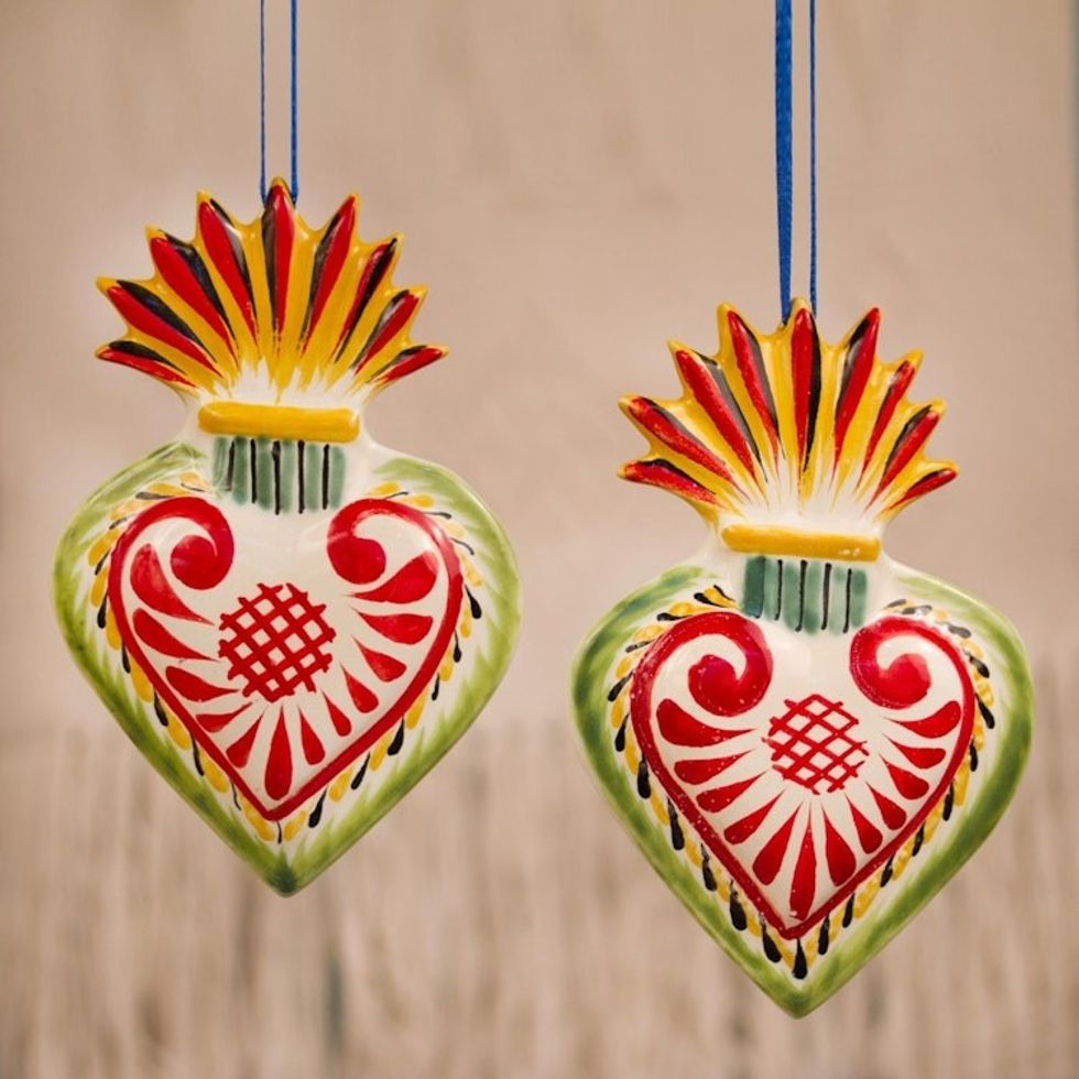 Flaming Heart Ceramic Ornaments from Mexico Pair 'Flaming Hearts'