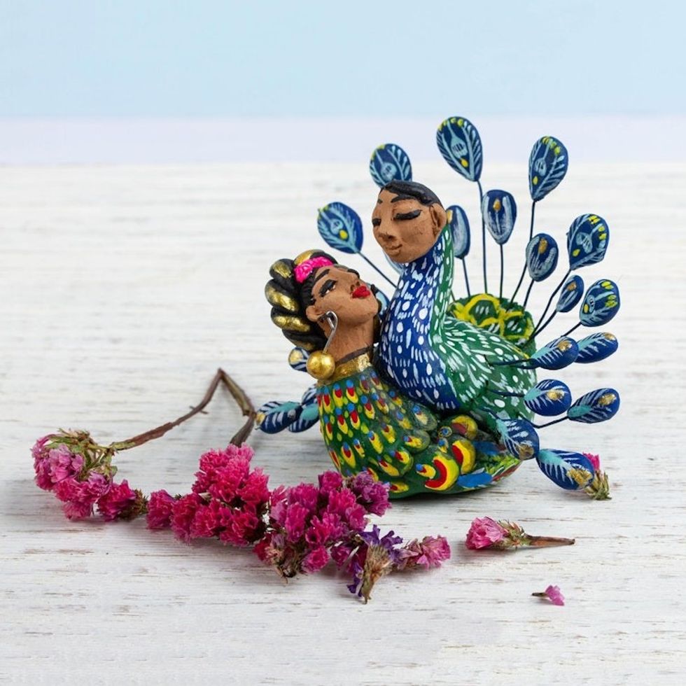 Peacock-Themed Ceramic Nahual Sculpture from Mexico 'Pair of Nahuales'
