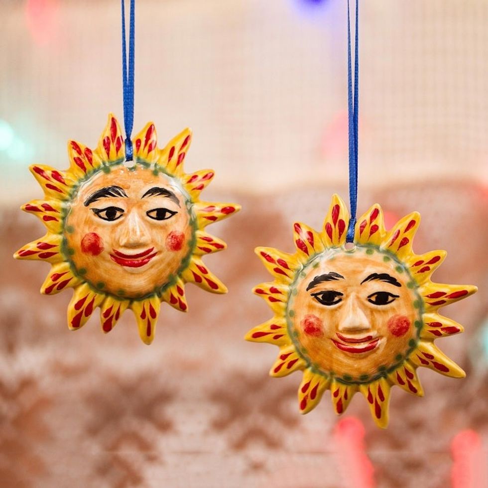 Festive Ceramic Sun Ornament Pair from Mexico 'Young Sun'
