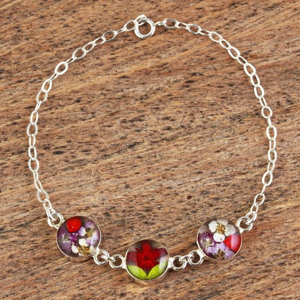 Sterling Silver Chain Bracelet with Three Flowered Pendants 'Red Anahuac Flowers'