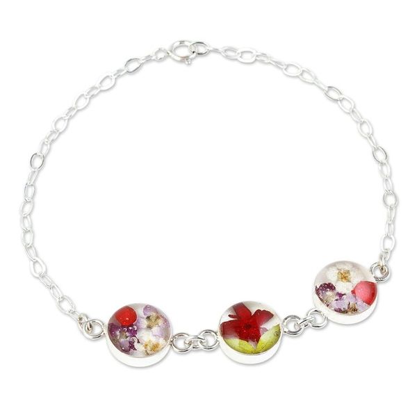 Alternate image for Sterling Silver Chain Bracelet with Three Flowered Pendants Red Anahuac Flowers