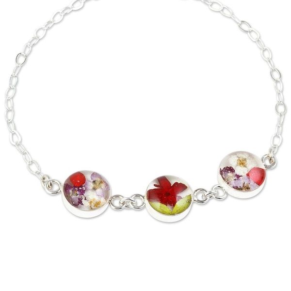 Alternate image for Sterling Silver Chain Bracelet with Three Flowered Pendants Red Anahuac Flowers